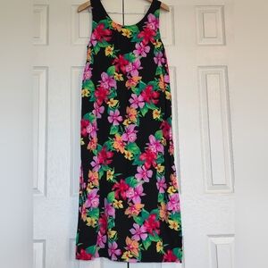 Retro Sirena Black Floral Maxi Dress with Pink & Yellow Flowers Size M